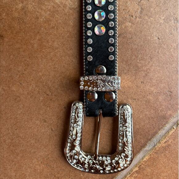 Nacona Black Calfskin Western Big Buckle Bling Belt w Rhinestones size M - Picture 12 of 13